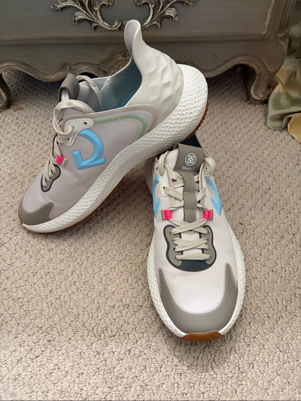 G/FORE Men's Athletic Sneakers in Beige, Gray & Blue with Pink Accents